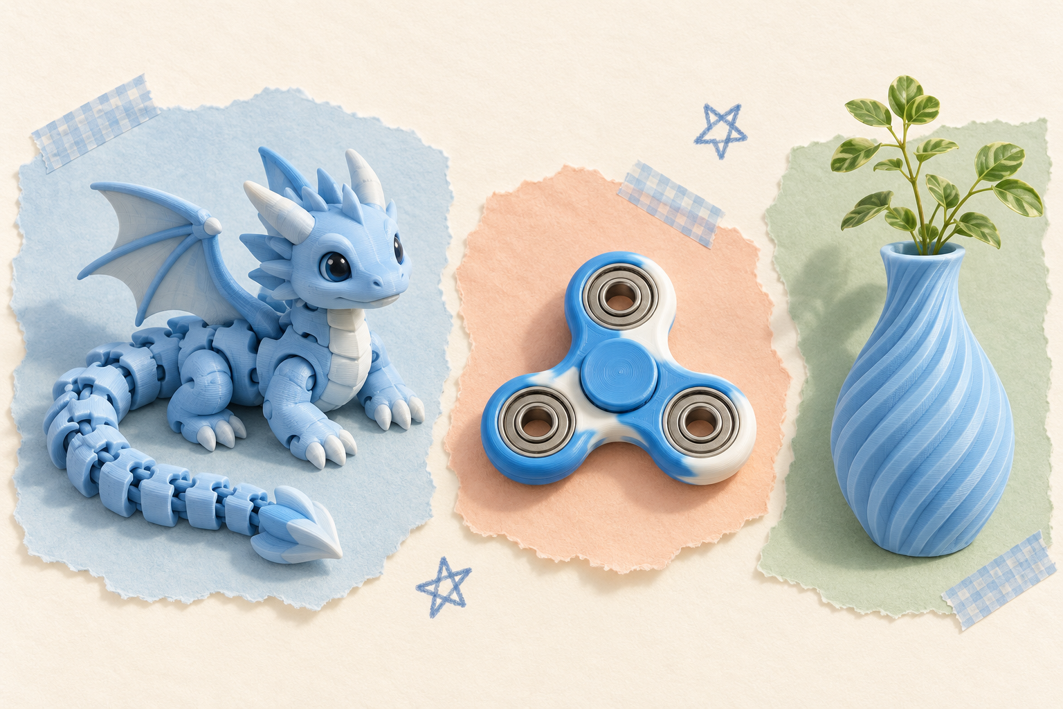 Illustrative blue 3D printed dragon, fidget spinner and spiral vase arranged on pastel paper